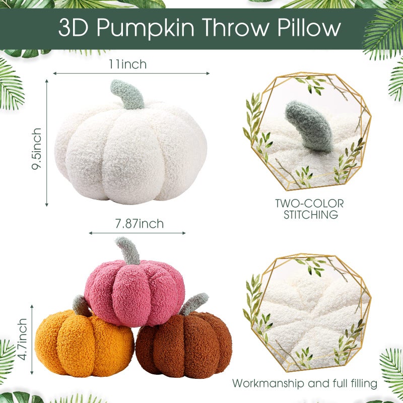 Kajaia 4 Pcs Simulated Pumpkin Fluffy Pillow Plush Pillow 3D Pumpkin Shaped Pillow Shaped Fall Decorations Soft Cute Throw Pillows for Thanksgiving Halloween  11 Inches  7 Inches (White  Yellow  Red  Brown) - Image 2
