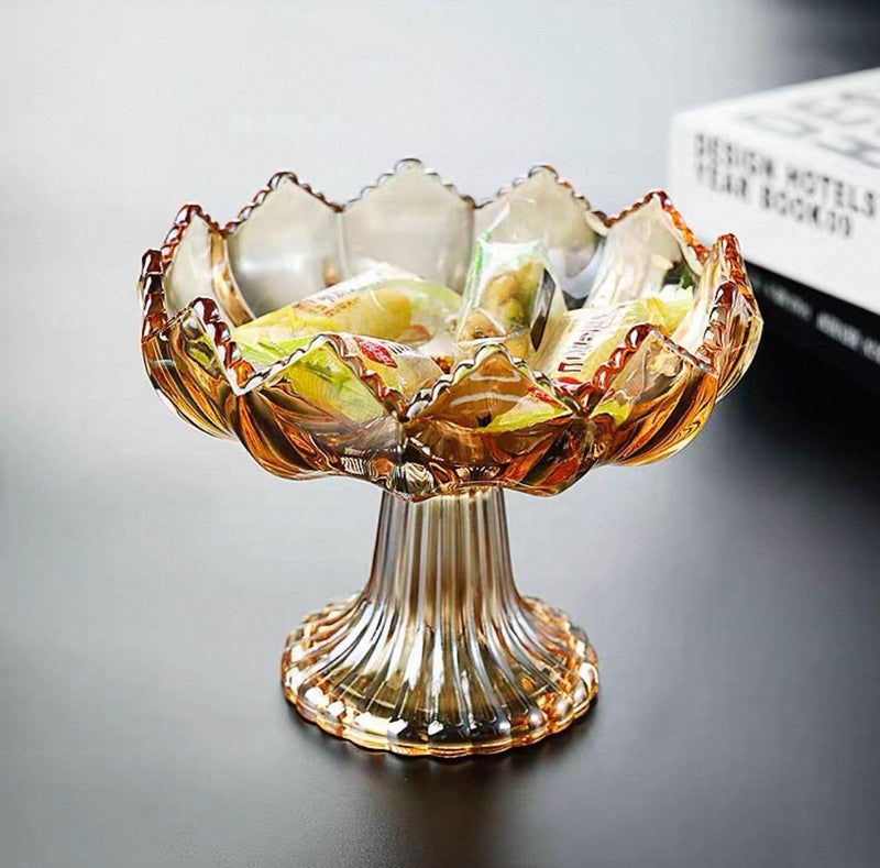 Generic Crystal Glass Pedestal Bowl, Decorative Fruit Platter, Gold Scalloped Bonbonniere, Elegant Serving Dish .ex - Image 1