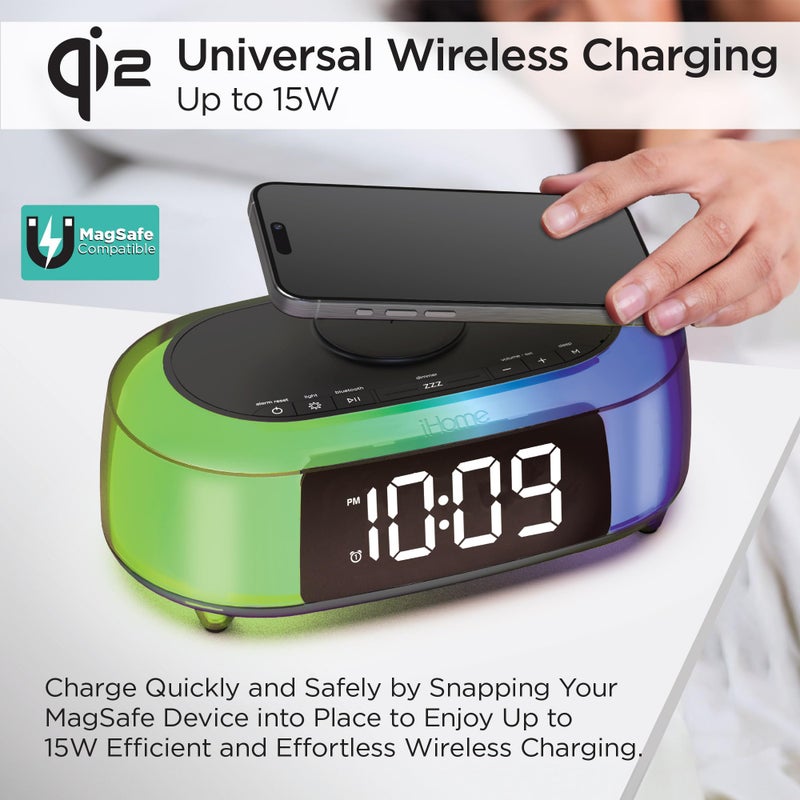 iHome Alarm Clock Radio with Qi2 Magnetic Wireless Charger, Bluetooth Speaker, and 2 USB Chargers (iBTW282) - Image 3