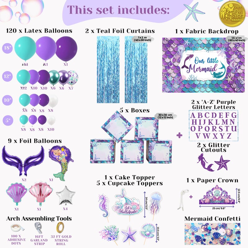 RainMeadow 248 Pieces Little Mermaid Birthday Decorations Kit, All-in-1 Girl's Party Decor Package With Mermaid Tail Balloon Garland, Foil Curtains, Fabric Backdrop, Princess Crown - Purple, Teal - Image 3