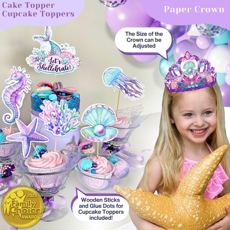 RainMeadow 248 Pieces Little Mermaid Birthday Decorations Kit, All-in-1 Girl's Party Decor Package With Mermaid Tail Balloon Garland, Foil Curtains, Fabric Backdrop, Princess Crown - Purple, Teal - Image 5