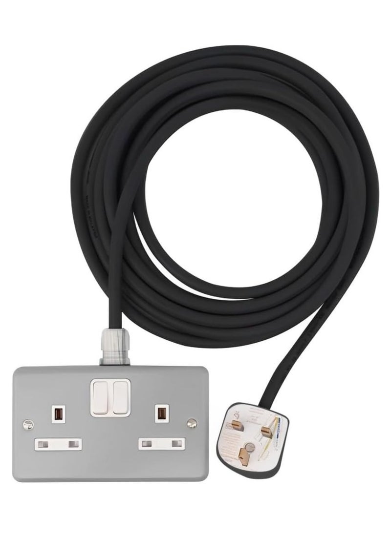 RACO RACO Heavy Duty Extension Cable – 2 Gang Metal Clad 13A UK Switch Socket with 3C x 2.5mm Flexible Cable & Plug, Ideal for Outdoor Use  - Image 1