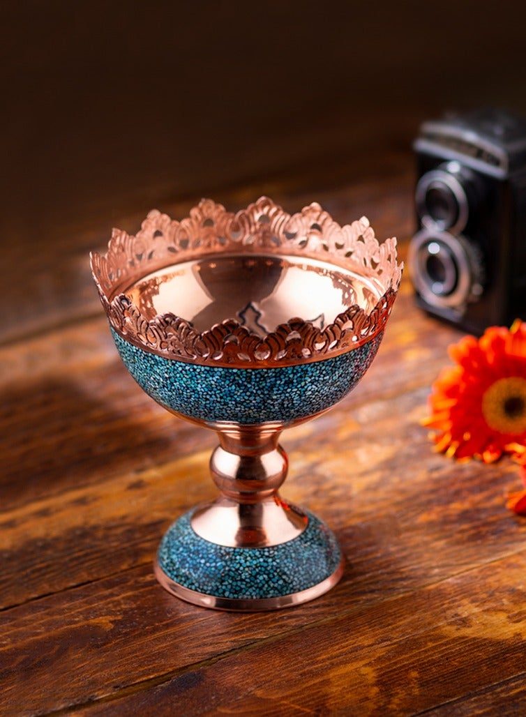 Aghajani Handcrafted Copper and Turquoise Chalice Bowl, 21cm Vintage-Inspired Fruit and Nut Holder Trough for Home Decor - Image 1