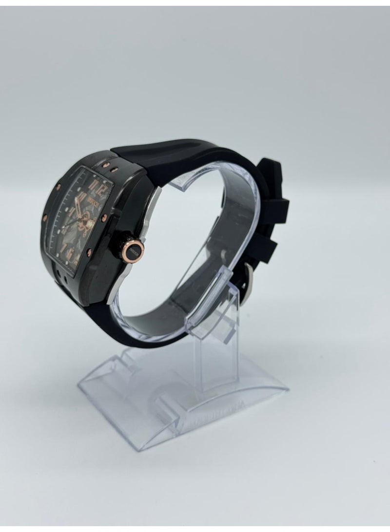INSUCH Edge IN1032 Men’s Analog Quartz Watch Black Skeleton Dial Black Silicone Strap Rose Gold Accents Tonneau Case - Image 4