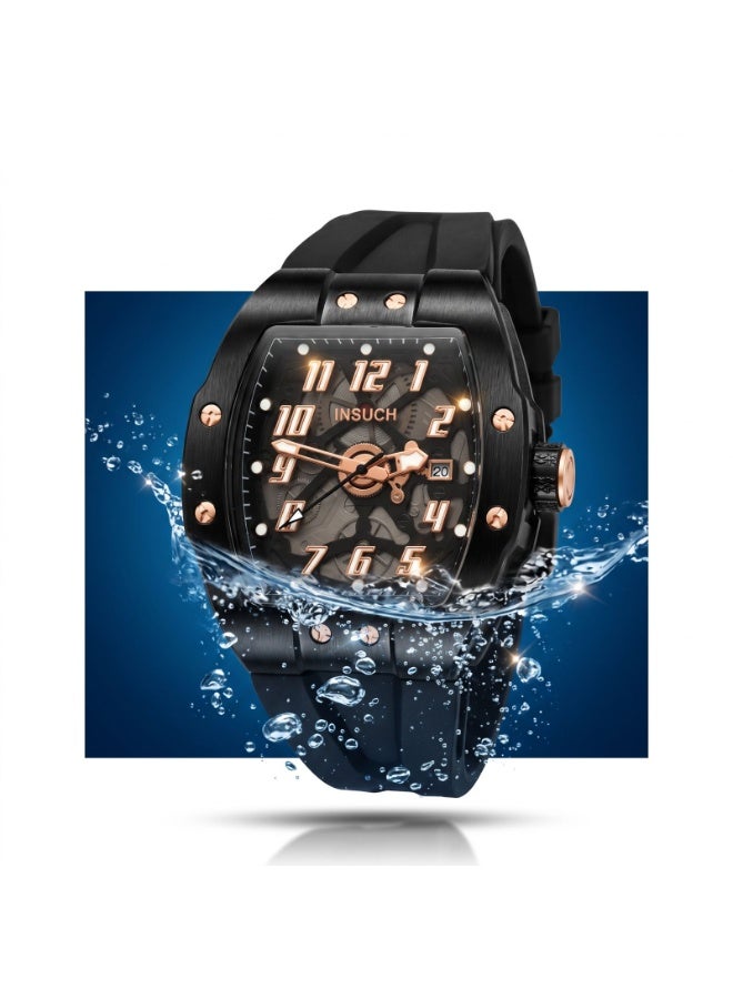 INSUCH Edge IN1032 Men’s Analog Quartz Watch Black Skeleton Dial Black Silicone Strap Rose Gold Accents Tonneau Case - Image 5