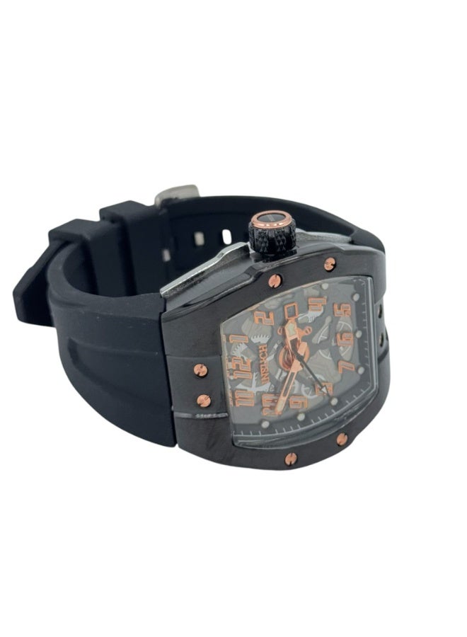 INSUCH Edge IN1032 Men’s Analog Quartz Watch Black Skeleton Dial Black Silicone Strap Rose Gold Accents Tonneau Case - Image 2