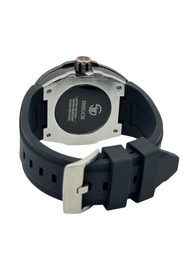 INSUCH Edge IN1032 Men’s Analog Quartz Watch Black Skeleton Dial Black Silicone Strap Rose Gold Accents Tonneau Case - Image 3