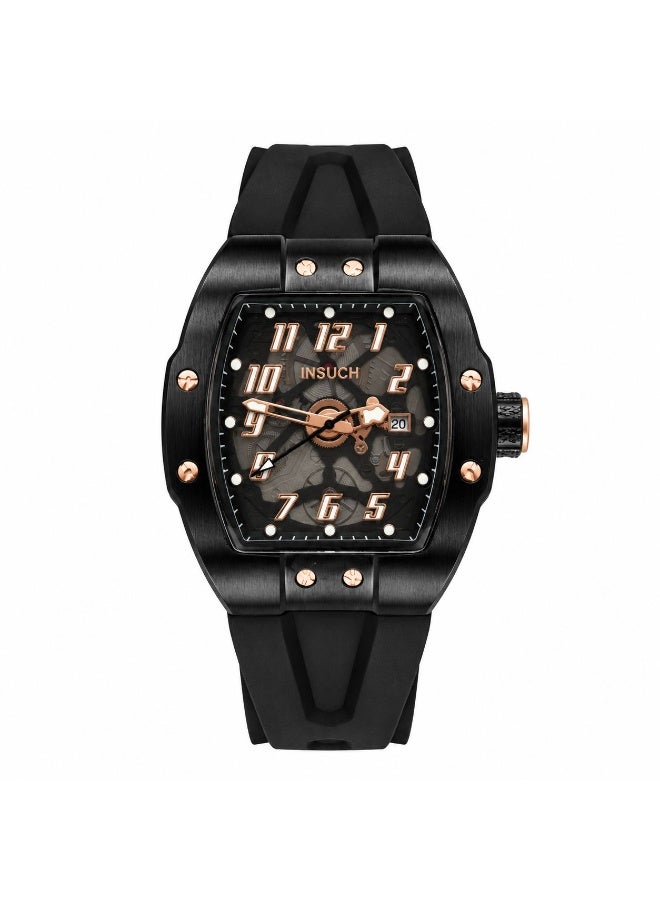 INSUCH Edge IN1032 Men’s Analog Quartz Watch Black Skeleton Dial Black Silicone Strap Rose Gold Accents Tonneau Case - Image 1