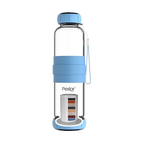 Pexlar Alkaline Water Filter Bottle | Borosilicate Glass | Alkaline Water Generator | Filter Water Bottle | Water Bottle with Filter inside - Blue | 500 ml - Image 1
