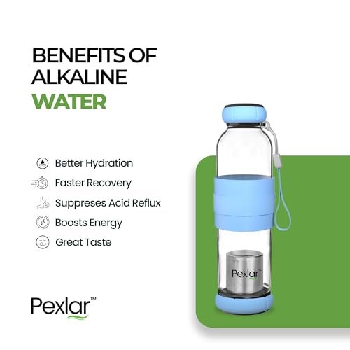 Pexlar Alkaline Water Filter Bottle | Borosilicate Glass | Alkaline Water Generator | Filter Water Bottle | Water Bottle with Filter inside - Blue | 500 ml - Image 4