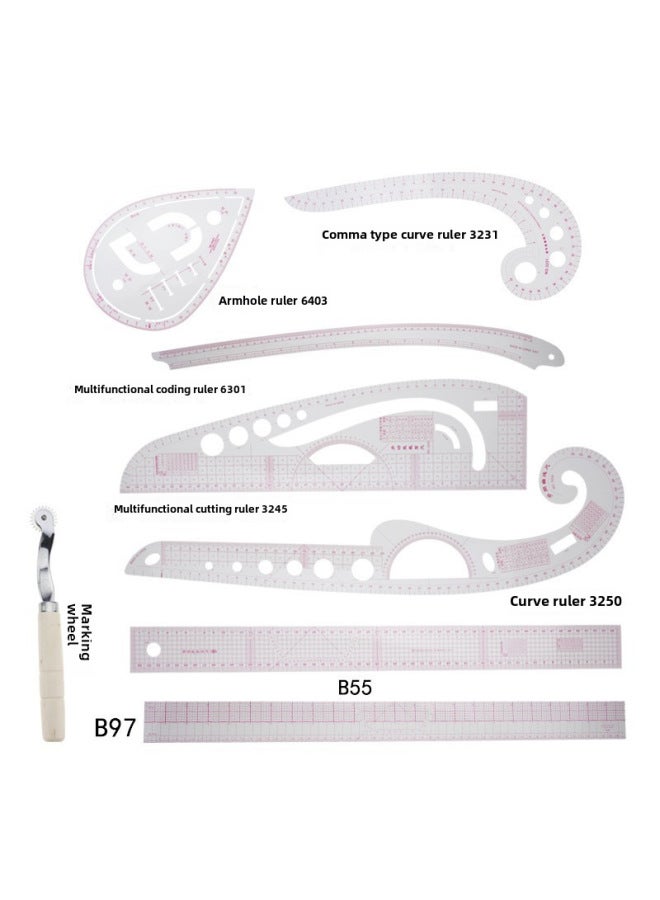ثام مسطرة الملابس، مسطرة القص، مسطرة كم القفص، مسطرة المنحنيات، مسطرة قوس الأزرار، مجموعة مساطر - Image 1