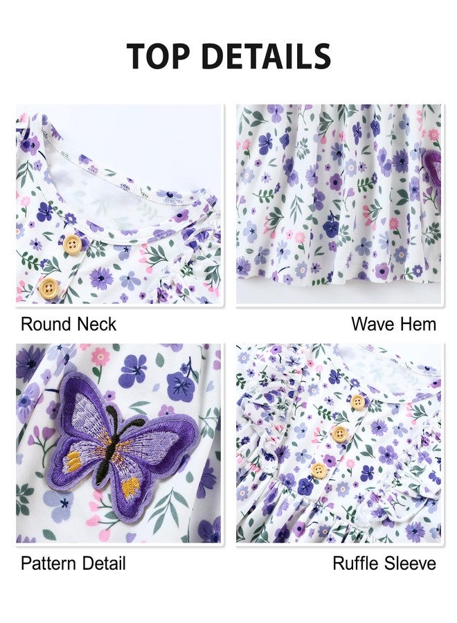 Latnnut Toddler Fall Outfits for Girls 3t 4t Butterfly Pattern and Purple Floral Prints Ruffle Long Sleeve Top Pants Clothing Set 3-4t - Image 2