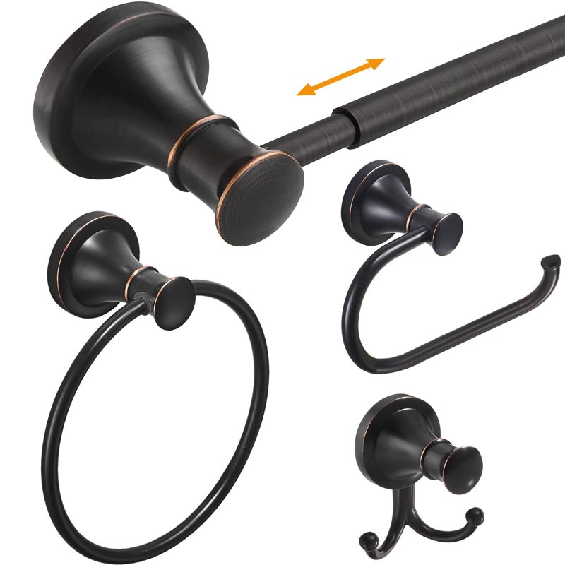 Hoimpro Oil Rubbed Bronze Bathroom Accessory Set 4Piece Wall Mount Hardware with Adjustable Towel Bar Rack Towel Ring Paper Towel Holder Double Towel Hooks