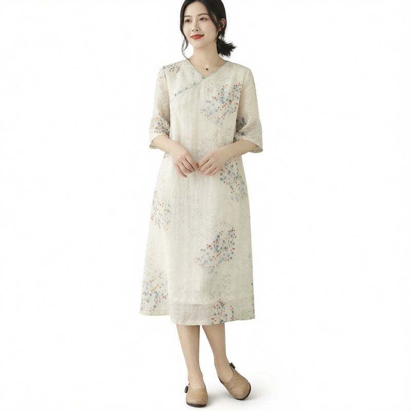 Cotton Linen Printed Dress Women Summer Autumn Loose Fit Casual Modified Cheongsam