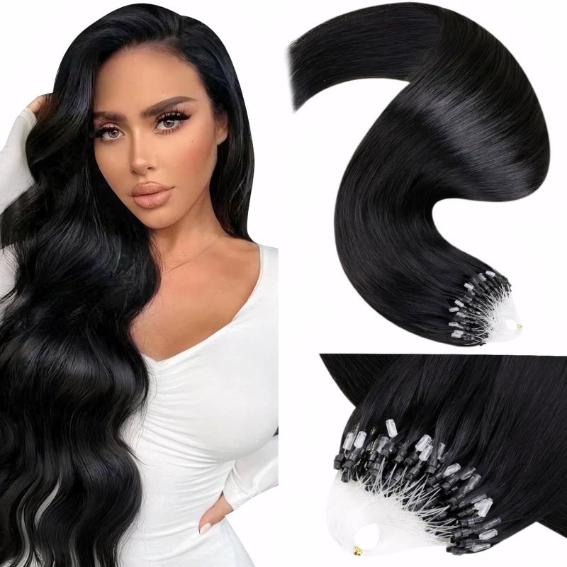 LaaVoo Microlink Hair Extensions Human Hair Ombre Black Microbead Hair Extensions Human Hair Off Black Balayage Grey Silver Micro Loop Hair Exrensions 14 inch 50g 50s - Image 1