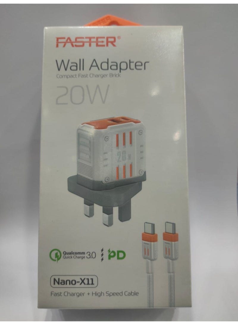 فاستر شاحن جداري نانو-X11 فائق السرعة بقدرة 20 واط، شاحن سريع صغير الحجم مزود بمنفذ USB-C واحد ومنفذ USB-A واحد - Image 1