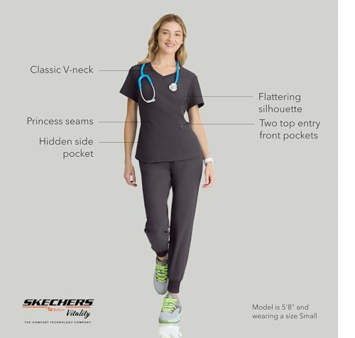 Barco Skechers by Barco Vitality Electra Classic Fit Scrub Top for Women – Pewter, 3-Pocket Classic V-Neck Top w/ 4-Way Stretch – Moisture Wicking, Quick-Shed, Anti-Static – Small, Regular Fit - Image 4