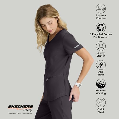 Barco Skechers by Barco Vitality Electra Classic Fit Scrub Top for Women – Pewter, 3-Pocket Classic V-Neck Top w/ 4-Way Stretch – Moisture Wicking, Quick-Shed, Anti-Static – Small, Regular Fit - Image 3