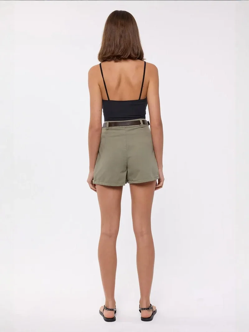HICCUP Green High-Waist Mini Pleated Cotton Skort with Belt for Women | Best Price UAE