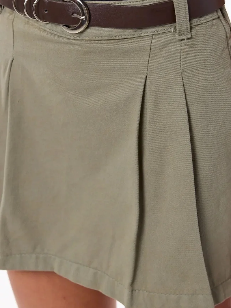 HICCUP Green High-Waist Mini Pleated Cotton Skort with Belt for Women | Best Price UAE