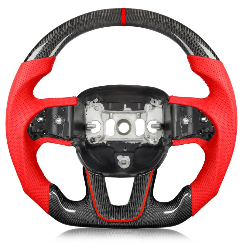 Tesfeel Carbon Fiber Steering Wheel for Dodge Challenger for Charger 20152024 Red Perforated Leather  Stitching Steering Wheel with FlatBottom DShaped Design Fits for SXTGTRTSRTfor Hellcat