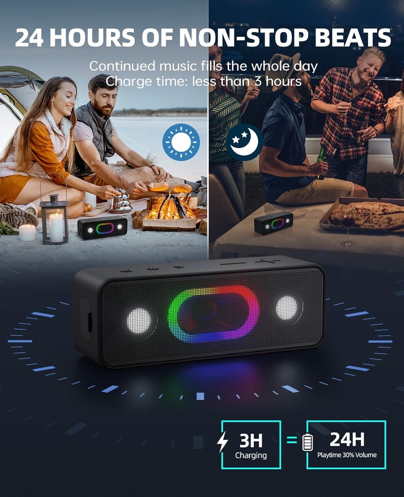 رايدن مكبر صوت محمول OHAYO S11 بلوتوث، بقوة 24 واط مع صوت جهير عميق (BT5.3/Aux)، مدة تشغيل 24 ساعة، 5 أوضاع RGB، اقتران ستيريو TWS، مقاوم للماء IPX6 للاستحمام/الشاطئ/التخييم في الصحراء/هدية – مزود بميكروفون مدمج - Image 2