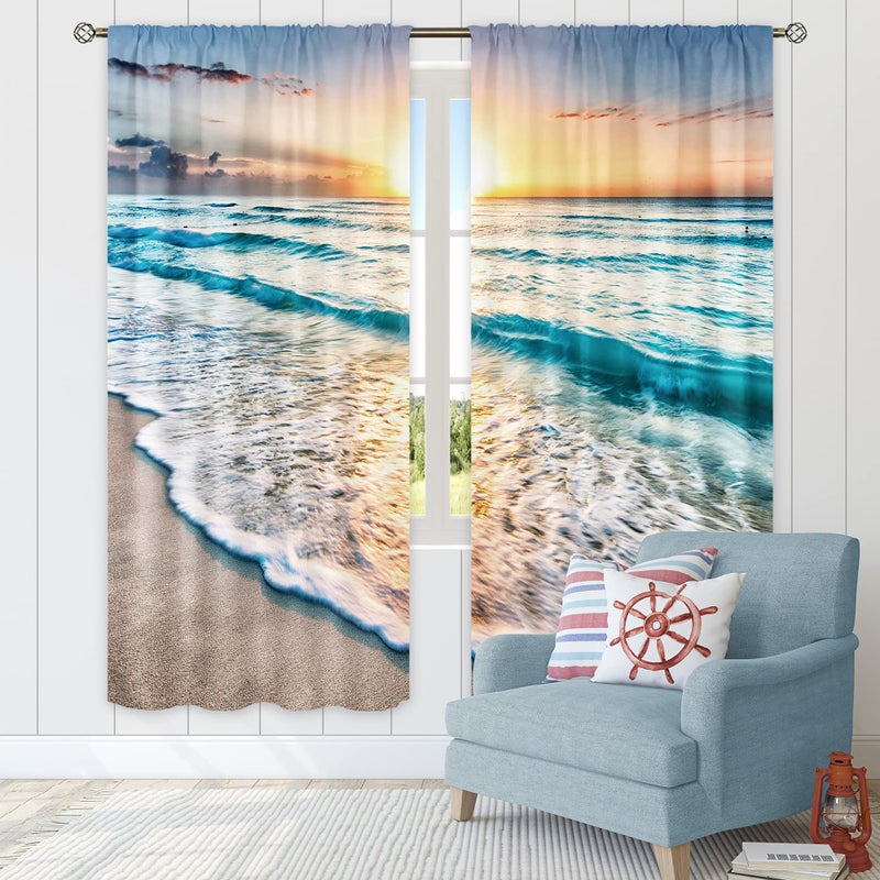 Cinbloo Ocean Scenic Curtains Tropical Beach Landscape Rod Pocket 42Wx63L Inch Hawaiian Scenery Bedroom Decor Seashore Seascape Wall Art Coastal Sea Waves Living Room Window Drapes Fabric 2 Panels - Image 1