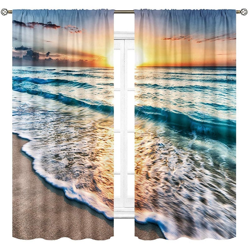Cinbloo Ocean Scenic Curtains Tropical Beach Landscape Rod Pocket 42Wx63L Inch Hawaiian Scenery Bedroom Decor Seashore Seascape Wall Art Coastal Sea Waves Living Room Window Drapes Fabric 2 Panels - Image 3
