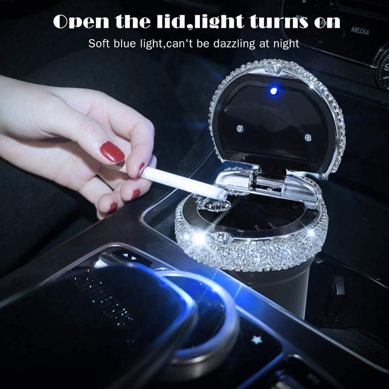 eing Car Ashtray Portable Bling Cigarette Smokeless Cylinder Cup Holder with Blue LED Light Indicator,Car Accessories for Women,Ideal for Car,Home and Office,1 - Pack Black+White - Image 2