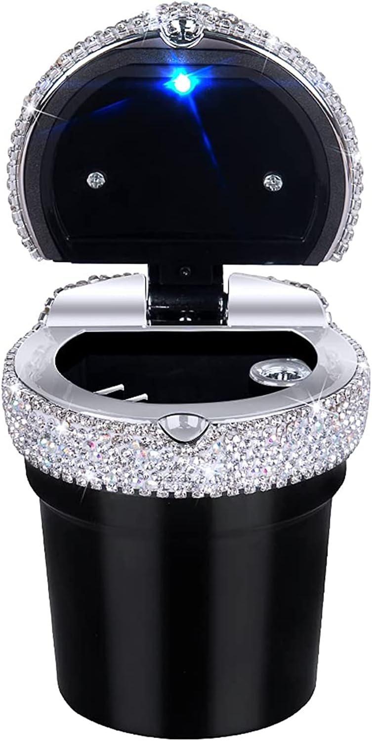 eing Car Ashtray Portable Bling Cigarette Smokeless Cylinder Cup Holder with Blue LED Light Indicator,Car Accessories for Women,Ideal for Car,Home and Office,1 - Pack Black+White - Image 1