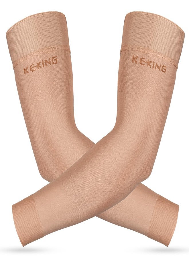 KEKING® Lymphedema Compression Arm Sleeves for Men Women (Pair), No Silicone Dot, 15-20 mmHg Compression Full Arm Support for Lipedema, Edema, Post Surgery Recovery, Swelling, Pain Relief, Beige S - Image 1
