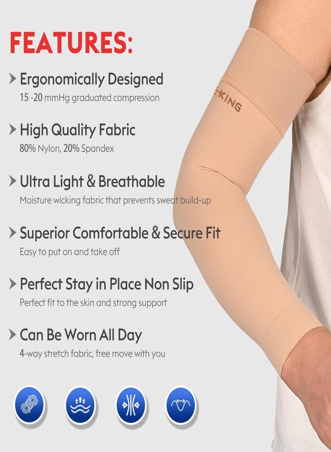 KEKING® Lymphedema Compression Arm Sleeves for Men Women (Pair), No Silicone Dot, 15-20 mmHg Compression Full Arm Support for Lipedema, Edema, Post Surgery Recovery, Swelling, Pain Relief, Beige S - Image 2