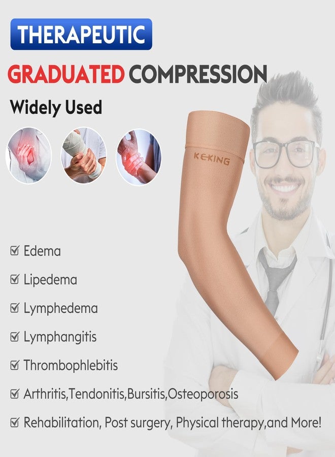 KEKING® Lymphedema Compression Arm Sleeves for Men Women (Pair), No Silicone Dot, 15-20 mmHg Compression Full Arm Support for Lipedema, Edema, Post Surgery Recovery, Swelling, Pain Relief, Beige S - Image 3