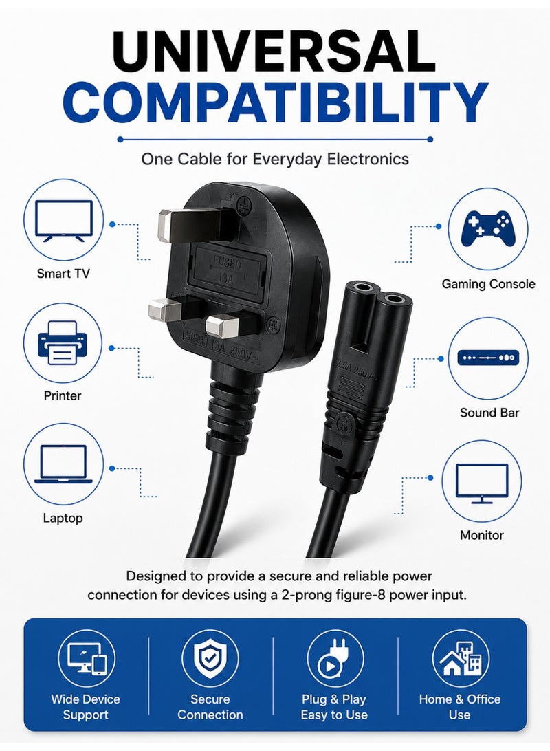 Eworld 2-Prong AC Power Cord Cable with Fuse, 1.5M Replacement Power Cable Compatible with Samsung, LG, Sony & TCL TVs, HP Printers, PS3, PS4, PS5, Laptops, Soundbars & More - Image 2