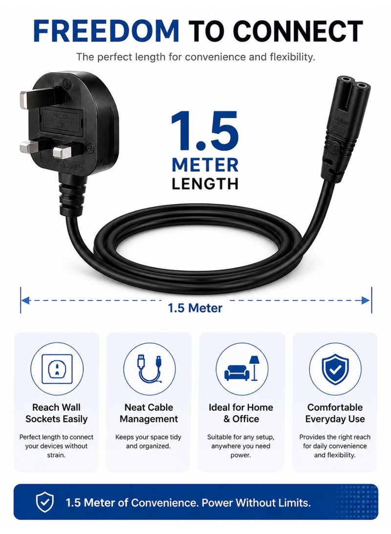 Eworld 2-Prong AC Power Cord Cable with Fuse, 1.5M Replacement Power Cable Compatible with Samsung, LG, Sony & TCL TVs, HP Printers, PS3, PS4, PS5, Laptops, Soundbars & More - Image 3