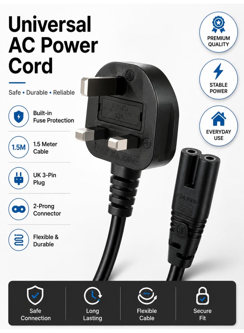 Eworld 2-Prong AC Power Cord Cable with Fuse, 1.5M Replacement Power Cable Compatible with Samsung, LG, Sony & TCL TVs, HP Printers, PS3, PS4, PS5, Laptops, Soundbars & More - Image 1