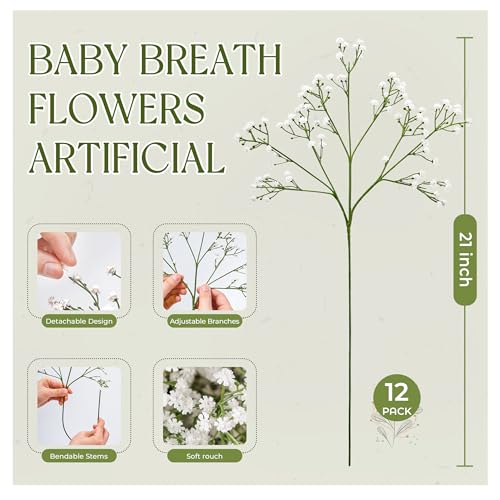 Der Rose 12Pcs Babys Breath Artificial Flowers White Fake Babies Breath Gypsophila Bulk Real Touch Faux Babys Breath Flowers DIY for Wedding Centerpieces Floral Arrangements Home Party Decoration - Image 3