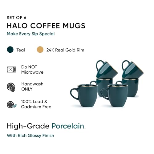 Shay Ceramic Coffee Mug Set, Set of 6, 300ml, Teal Gold | Medium Mug | Glossy Finish | Porcelain Coffee Cup Set | Ceramic Cup (Teal Gold Milk Mug, Set of 6) - Image 3