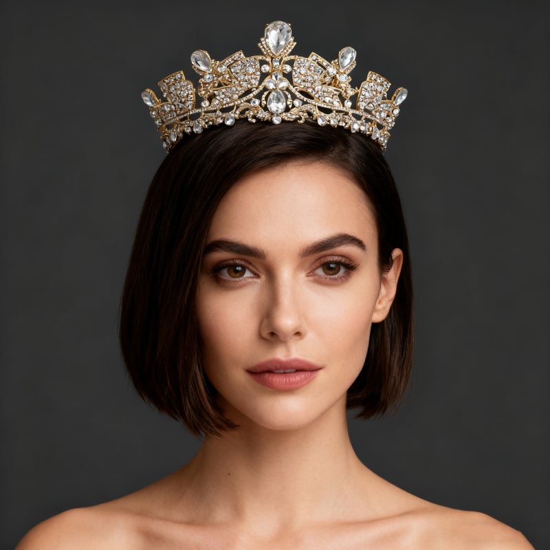 💄 تاج عروس ذهبي أنيق مرصع بأحجار الراين لإكسسوارات الشعر - Image 3
