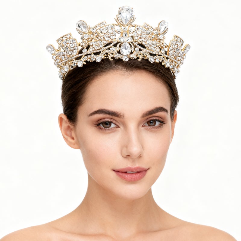 💄 تاج عروس ذهبي أنيق مرصع بأحجار الراين لإكسسوارات الشعر - Image 4