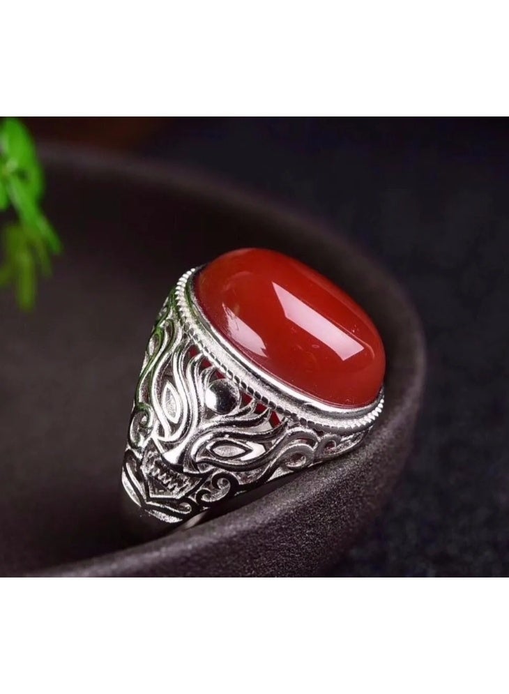 LATEEN Men's Ring Stamped Sterling Silver Plating Red Agate Adjustable Size - Image 2