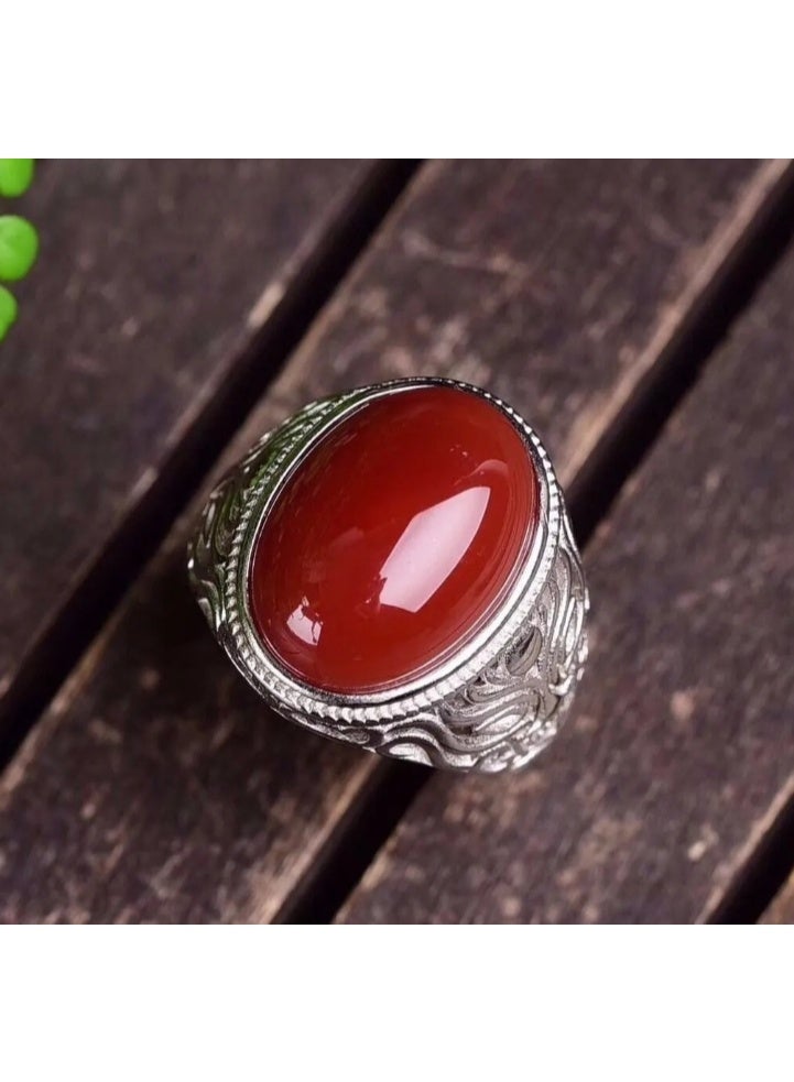 LATEEN Men's Ring Stamped Sterling Silver Plating Red Agate Adjustable Size - Image 3