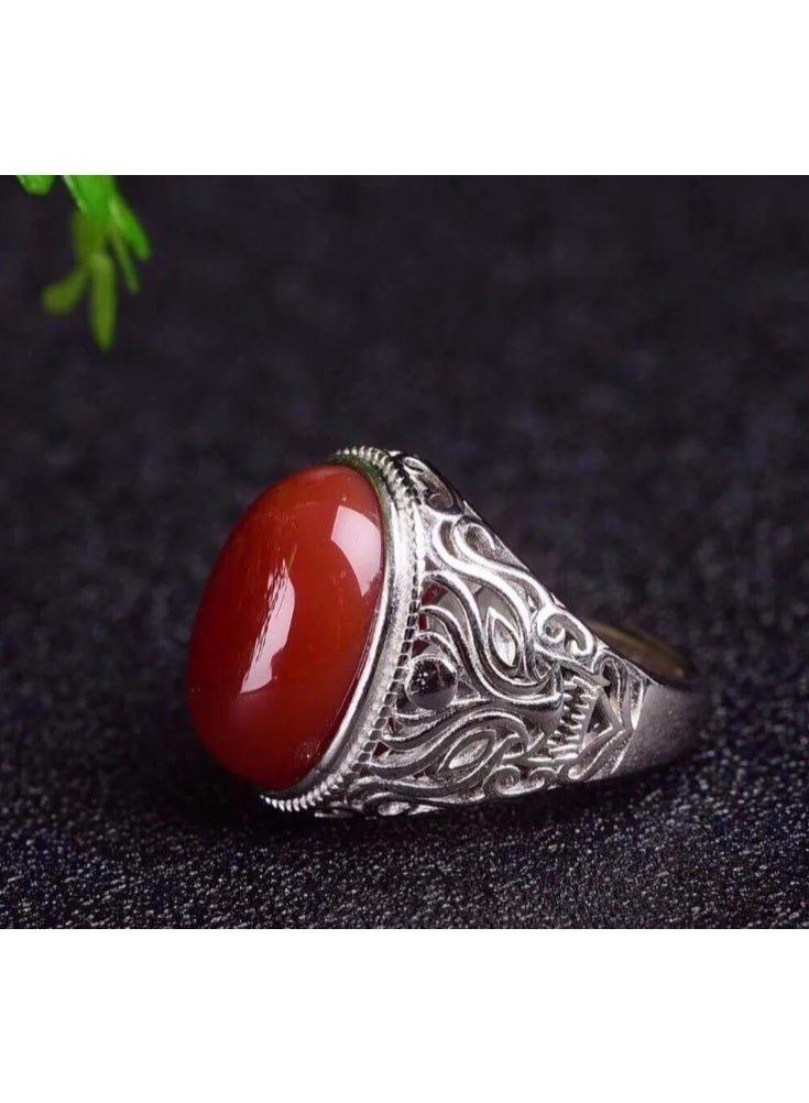 LATEEN Men's Ring Stamped Sterling Silver Plating Red Agate Adjustable Size - Image 1
