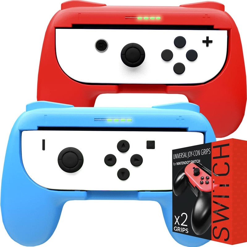 Orzly Grips compatible with Nintendo Switch Joy-Cons for Extra Comfort - TWIN PACK (1x RED & 1x BLUE) Universal Sided Grip Attachments for use with Nintendo Switch Joy-Cons - Image 1