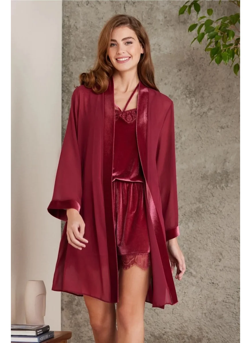 بيير كاردان 4800 Women's Lace Velvet Jumpsuit Dressing Gown Set-Burgundy