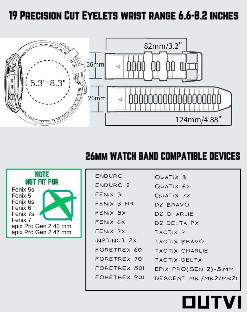 OUTVI Silicone watch band compatible with garmin fenix 5x 6x Pro 7x 3 hr quick fit 26mm bands replacement for Epix Pro Gen 2 51mm Enduro 2 Descent Mk1 Mk2 Mk2i Mk3i tactix soft men women Fog Grey - Image 2