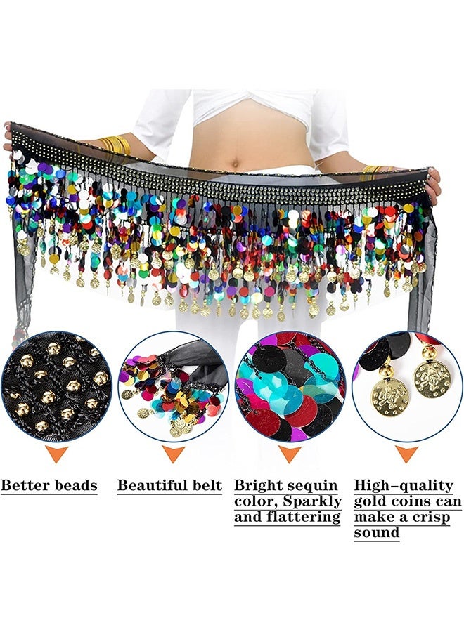 Peachjoy Women Belly Dance Hip Scarf, Dancing Costumes 88 Colorful Gold Coins Hip Belt Skirt, Chiffon Dangling Belly Dance Waist Costume Belt for Women Girls, Black  - Image 2