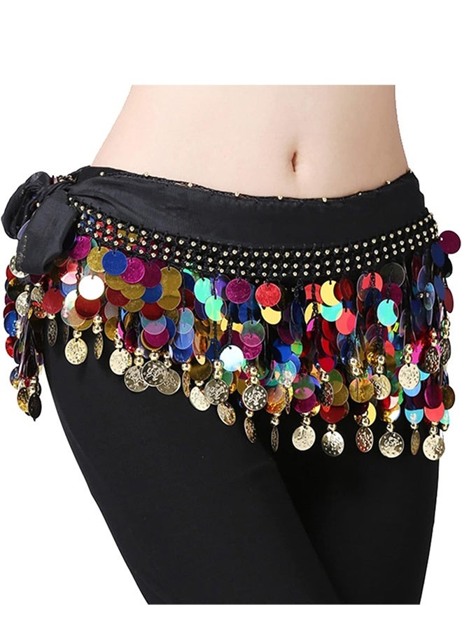 Peachjoy Women Belly Dance Hip Scarf, Dancing Costumes 88 Colorful Gold Coins Hip Belt Skirt, Chiffon Dangling Belly Dance Waist Costume Belt for Women Girls, Black  - Image 1