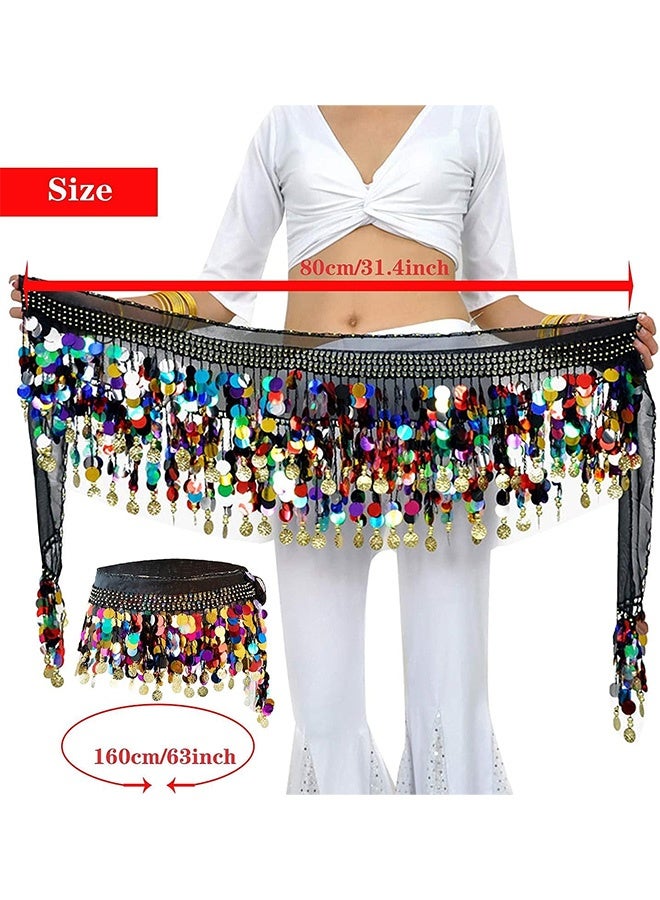 Peachjoy Women Belly Dance Hip Scarf, Dancing Costumes 88 Colorful Gold Coins Hip Belt Skirt, Chiffon Dangling Belly Dance Waist Costume Belt for Women Girls, Black  - Image 4