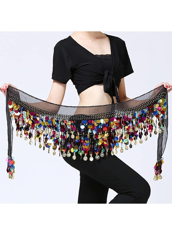 Peachjoy Women Belly Dance Hip Scarf, Dancing Costumes 88 Colorful Gold Coins Hip Belt Skirt, Chiffon Dangling Belly Dance Waist Costume Belt for Women Girls, Black  - Image 5